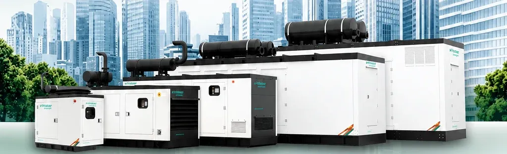 A line-up of canopied diesel generating sets, from a compact single-phase unit through to large containerised sets, against a city skyline.